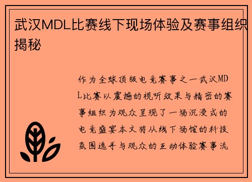 武汉MDL比赛线下现场体验及赛事组织揭秘