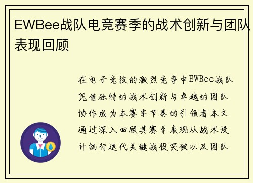 EWBee战队电竞赛季的战术创新与团队表现回顾